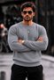 Men's Crew Neck Plain Pattern Ribbed Knitwear Anthracite Sweater - 5