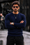 Men's Crew Neck Plain Pattern Ribbed Knitwear Navy Blue Sweater - 5