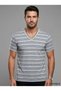 Luxury Gold Series |   Luxury V-Neck Striped Ribbed Regular Fit Lycra Single Jersey Men's T-Shirt - Gray Melange / Blue