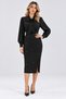 Pearl Elegance |   Women's Long Sleeve Bow Collar Slit Detailed Pearl Midi Imported Crepe Elegant Dress - 4
