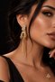 Moderna Series Gold Color Crystal Stone, Sequin and Three Chain Dangle Long Earrings - Sparkling Baguette Stone, Moving Sequin and Chain Tassel Long Evening Dress Women's Earrings - 3