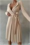 Crepe Fabric Pleated Belted Evening Dress, V-Neck · Color: Black · Size: S BX - 4