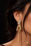 Moderna Series Gold Color Crystal Stone, Sequin and Three Chain Dangle Long Earrings - Sparkling Baguette Stone, Moving Sequin and Chain Tassel Long Evening Dress Women's Earrings - 2
