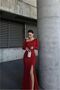 Long-Sleeved Stone Embellished Evening Gown with Boat Neck and Collar Detail · Color: Purple · Size: L BX - 4