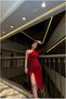 Velvet Fabric Evening Dress Collared Asymmetrical Dress with Slit Midi · Color: Navy Blue · Size: Bsk2026 - 4