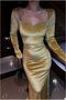 Stretch Fabric Evening Dress Velvet Collar Boat Dress · Color: Yellow · Size: m Bsk2026 - 4