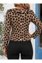 Women's Ruffle Detailed V-Neck Lace-Up Leopard Pattern Single Jersey Fabric Blouse - 5