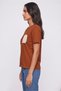 Women Crew Neck Embroidered Short Sleeve Top, Brown - 3