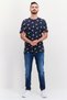 Men Round Neck Short Sleeve Allover Print T-Shirt, Navy Blue - 4