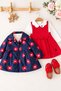 Girl's 3-Piece Set with Floral Patterned Coat and Ladybug Red Dress - Navy Blue - 2
