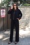 Gabardine Fabric Zippered Collar-Trimmed Jacket Black