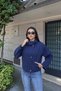 Gabardine Fabric Stand Collar Snap Fastener Jacket Navy Blue - 3