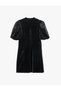 Mandarin Button Detail Qipao Collar Slim Fit Velvet Short Balloon Sleeve Dress - 2