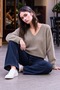 Women's V-Neck Long Sleeve Casual Beige Sweater - 6