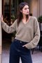 Women's V-Neck Long Sleeve Casual Beige Sweater - 2