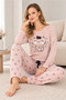 Women's Micro Thin Fleece Cat Printed Patterned Long Sleeve Winter Pajama Set 30292-B