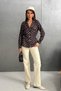 Women's Brown White Polka Dot Double Pocket Elastic Waist Shirt Blouse - 5