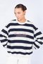 Women's Navy Blue Crew Neck Three Thread Striped Lettered Sweatshirt - 3