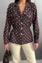 Women's Brown White Polka Dot Double Pocket Elastic Waist Shirt Blouse - 6