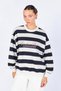 Women's Navy Blue Crew Neck Three Thread Striped Lettered Sweatshirt - 2