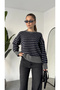 Women's Gray Blue Striped Crew Neck Knitwear Sweater Low Shoulder Oversize Stripe Patterned Sweater