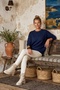Navy Blue Round Neck Long Sleeve Ribbed Glittery Hem Ribbed Casual Knitwear Sweater 0 0 - 6