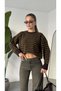 Women's Brown Striped Crew Neck Knitwear Sweater Low Shoulder Oversize Stripe Patterned Sweater