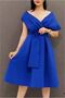 Satin Belted V-Neck Evening Dress with Fabric Collar and Straps