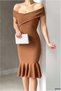 Krep Madonna Evening Dress with Flounce Fabric Collar - 5