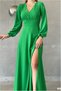 V Long Evening Dress with Sleeves Maxi Collar Slit Dress - 2