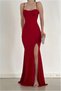 Satin V Evening Dress Fabric Collar Strap Slit Dress - 3