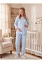 New Season Blue Shawl Collar Easy Breastfeeding Design Long Sleeve Maternity Pajama Set - 2