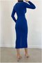 Crepe V Long Sleeve Fabric Collar Slit Dress - 5