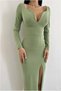 Crepe V Long Sleeve Fabric Collar Slit Dress