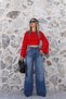 Red Side Gathered Bat Sleeve Blouse - 2