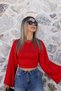 Red Side Gathered Bat Sleeve Blouse - 3