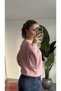 Women's Pink Crew Neck Thessaloniki Knit Crop Knitwear Sweater Draped Sleeve Sweater - 3