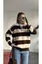 Women's Coffee Cream Polo Collar Buttoned Striped Knitwear Sweater with Embroidery Detail Oversize Sweater