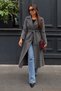 Women's Belted Double-Breasted Collar Long Cashmere Smoked Coat - 3