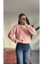 Women's Pink Crew Neck Thessaloniki Knit Crop Knitwear Sweater Draped Sleeve Sweater