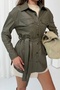 Women's Khaki Belted Faux Leather Jacket Shirt Nj205 - 2
