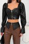 Women's Black Zippered Corsage Detailed Balloon Sleeve Faux Leather Blouse Nj204