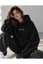 Women's Black Spectacular Printed 3 Thread Pile Hooded Oversize Loose Sweatshirt Hoodie with Kangaroo Pocket - 3