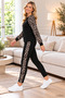Leopard Print, Sporty Elegance - Women's Long Sleeve Crew Neck Viscose Two-Thread Blouse with Leopard Sleeve Detail and Striped Pants Two-Piece Set - 3