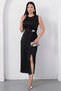 Oval Neckline Side Pleated Buckled Satin Dress K-251633 - 5