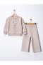Simit Yaka Bear Printed Sweatshirt/Striped Pocket Detailed Wide Leg Sweatpants 3 Threaded Drawstring Set - 3