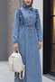 Denim dress with ruffled bodice and gathered waist - blue