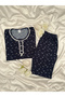 Women's Navy Blue Daisy Patterned Waffle Long Sleeve Pajama Set - 4