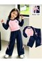 Girl's Bow Detailed Three-Thread Ribbed Sweatshirt and Wide-Leg Pants Soft Set - 2
