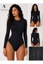 Women's Black Long Sleeve Hooked Bodysuit - Soft Texture